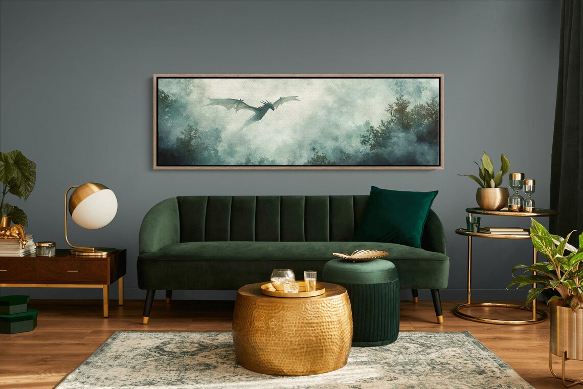 Mystical Dragon Flying Over Foggy Forest Enchanting Panoramic Wall Art For Fantasy Lovers - Image 4
