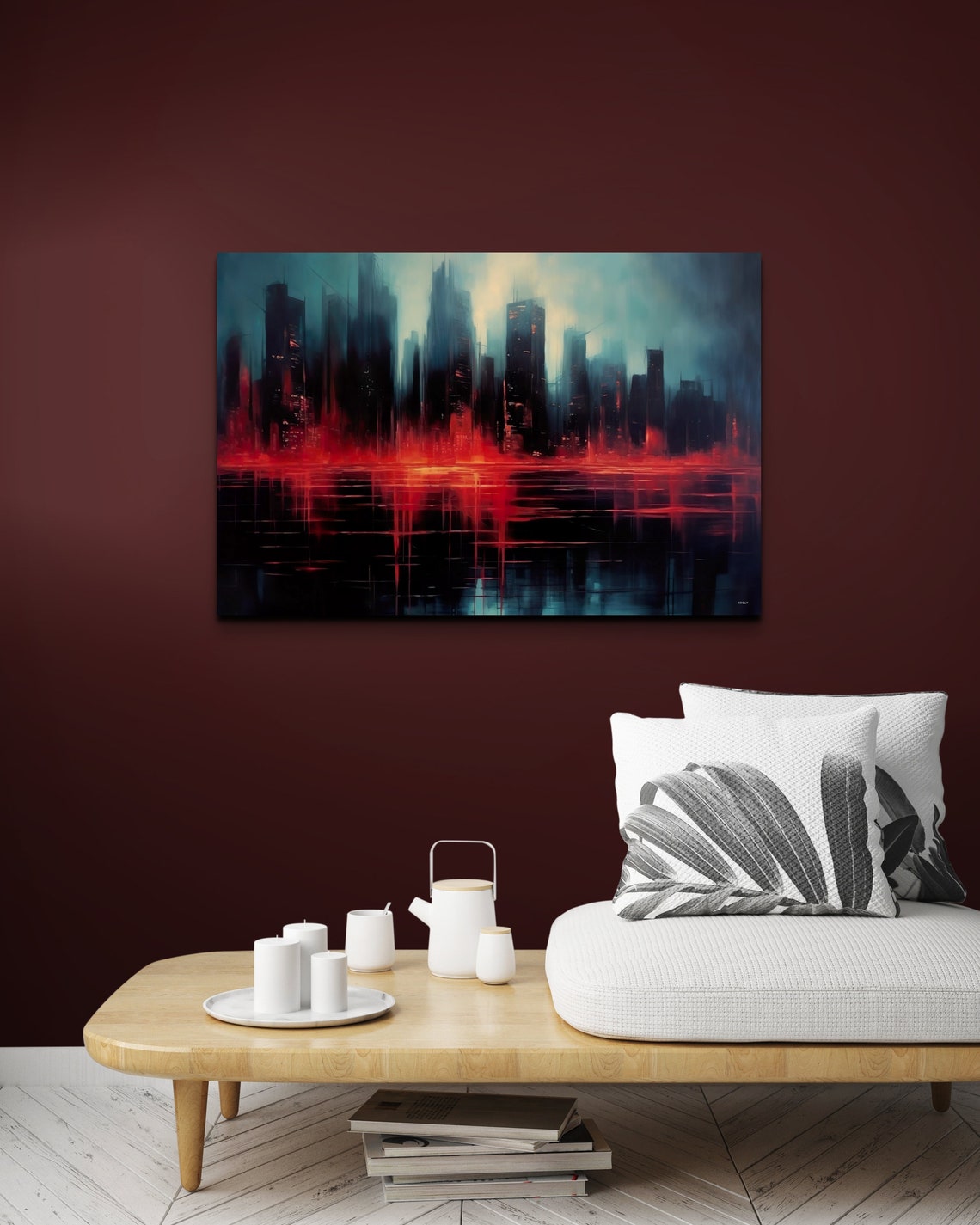 Abstract City Skyline At Night In Red And Teal Oil Style Poster - Image 6