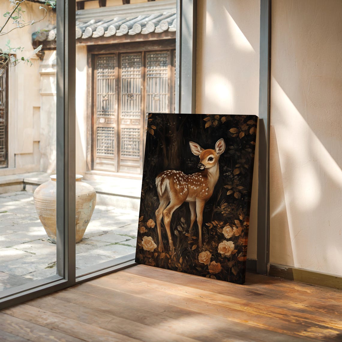 Baby Fawn In Shadowy Forest With Golden Roses Painting Poster - Image 5