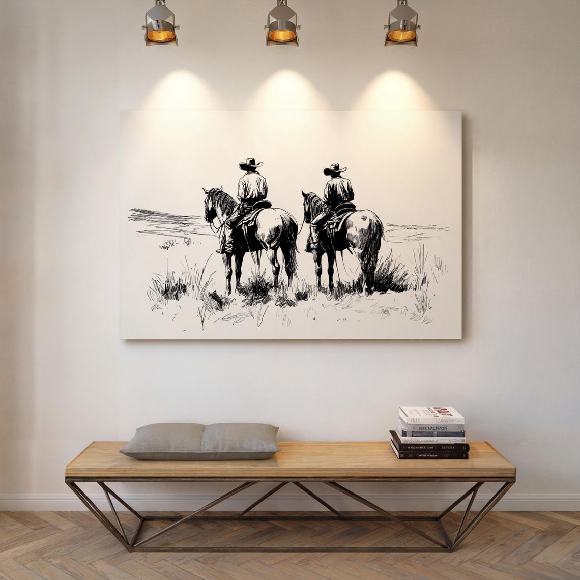 Cowboys On Horseback Line Art Western Ranch Decor Black And White Cowboy Drawing Rustic Wall Art Print - Image 5