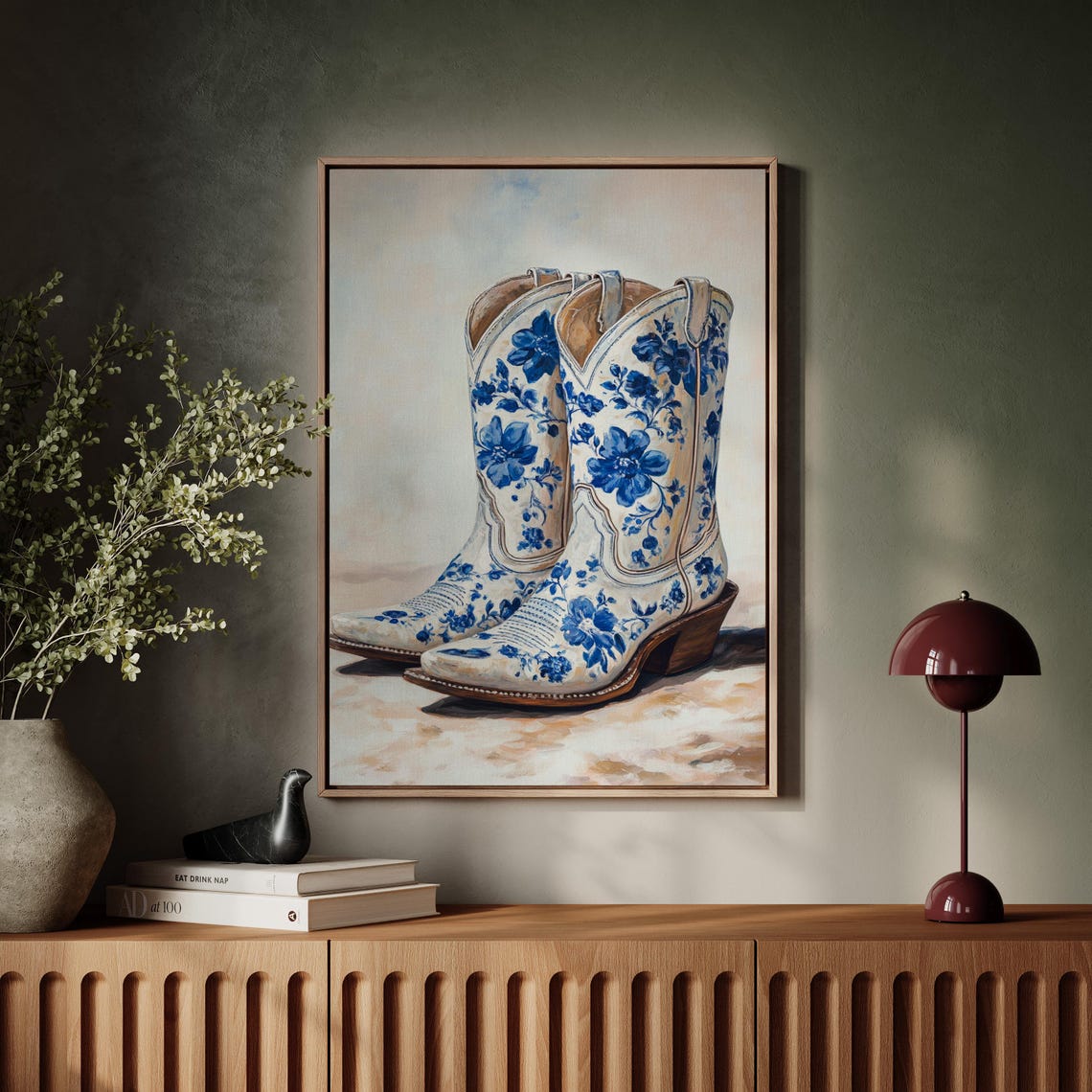 Blue And White Floral Delft Style Cowboy Boots Painting Poster - Image 4