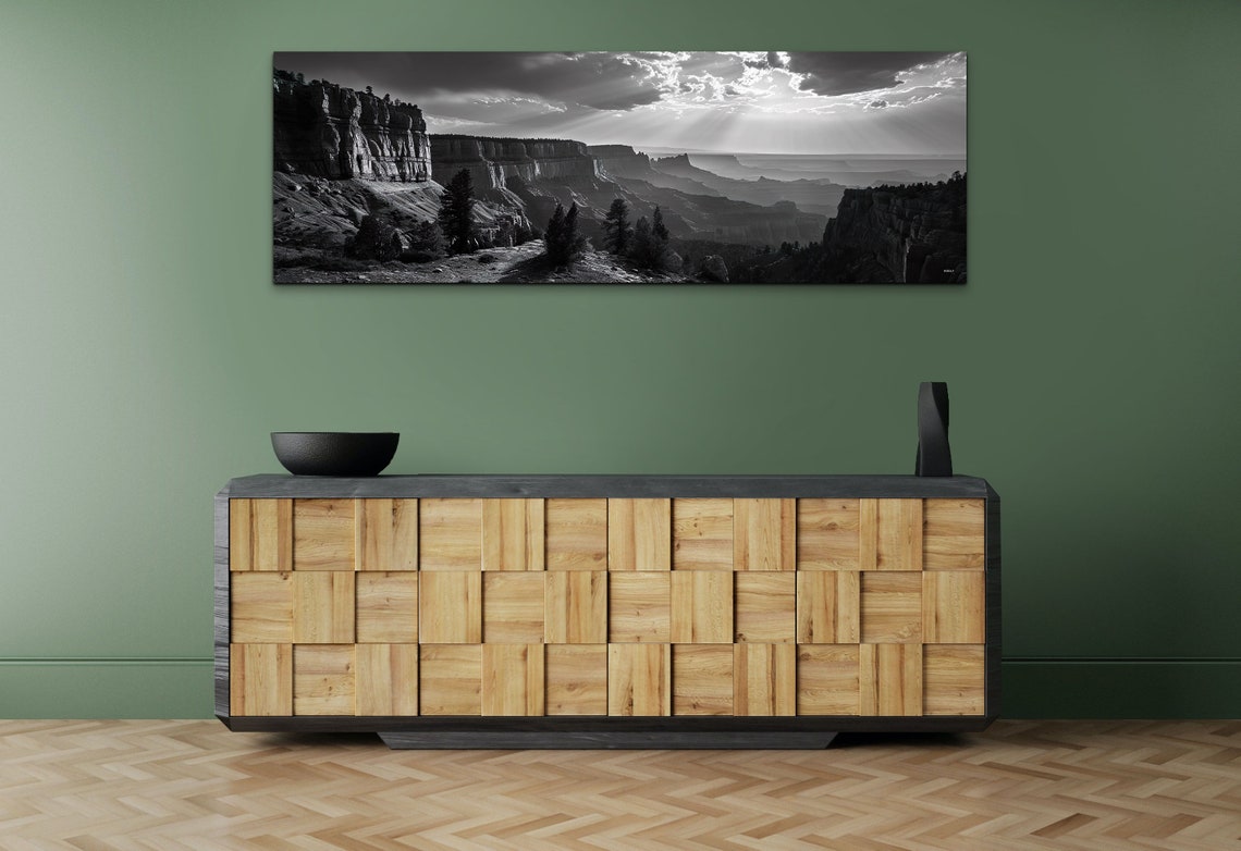 Panoramic Black White Canyon Sun Rays Dramatic Landscape Wall Art - Image 5