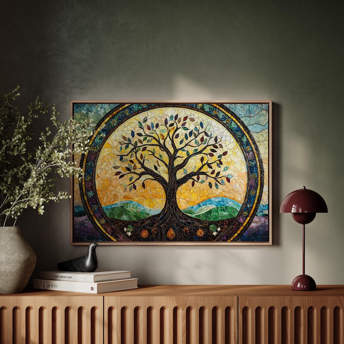 Stained Glass Tree Of Life Mosaic In Golden Sunset Circle Poster - Image 6