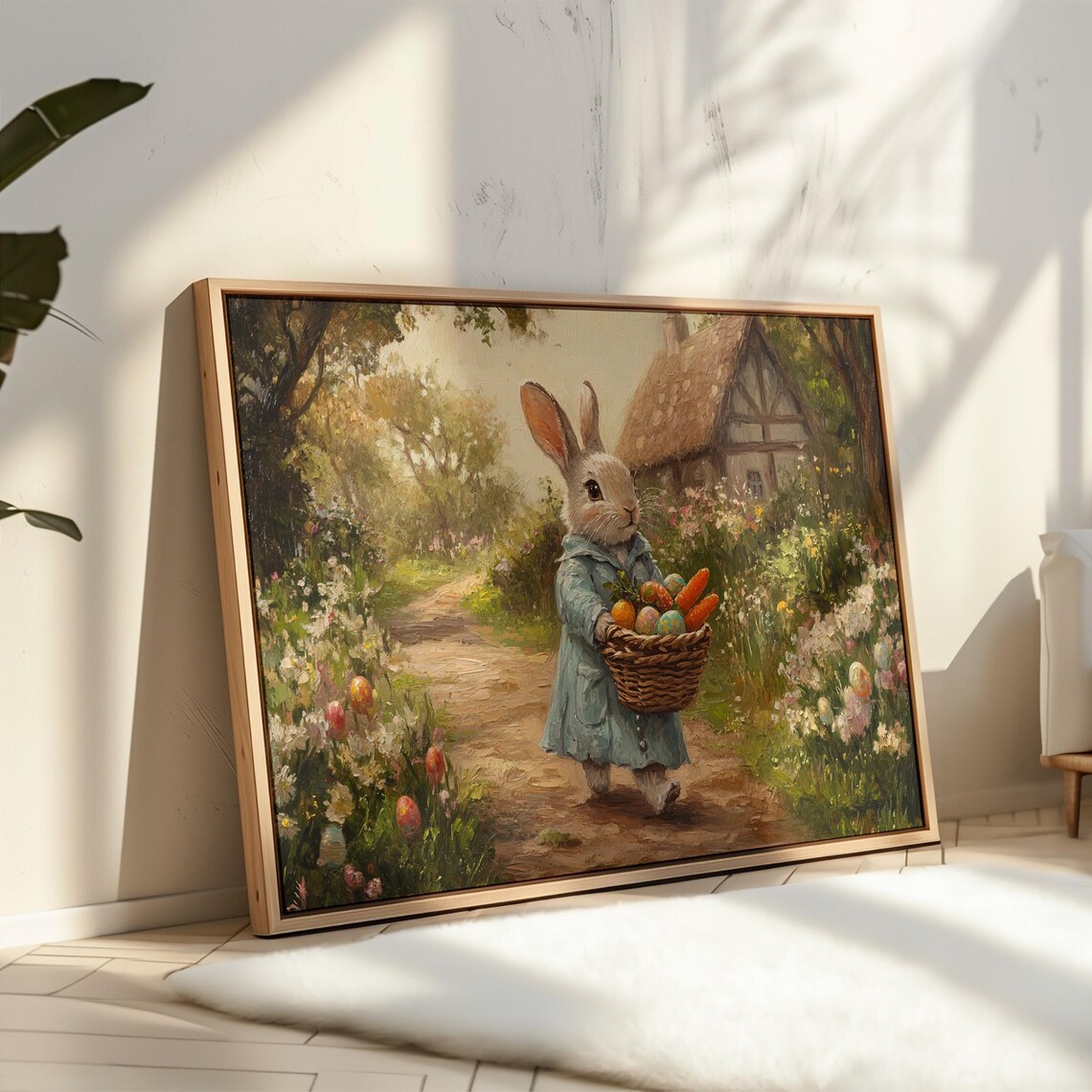 Bunny in Blue Coat Carrying Harvest Basket Toward Cottage Poster - Image 3