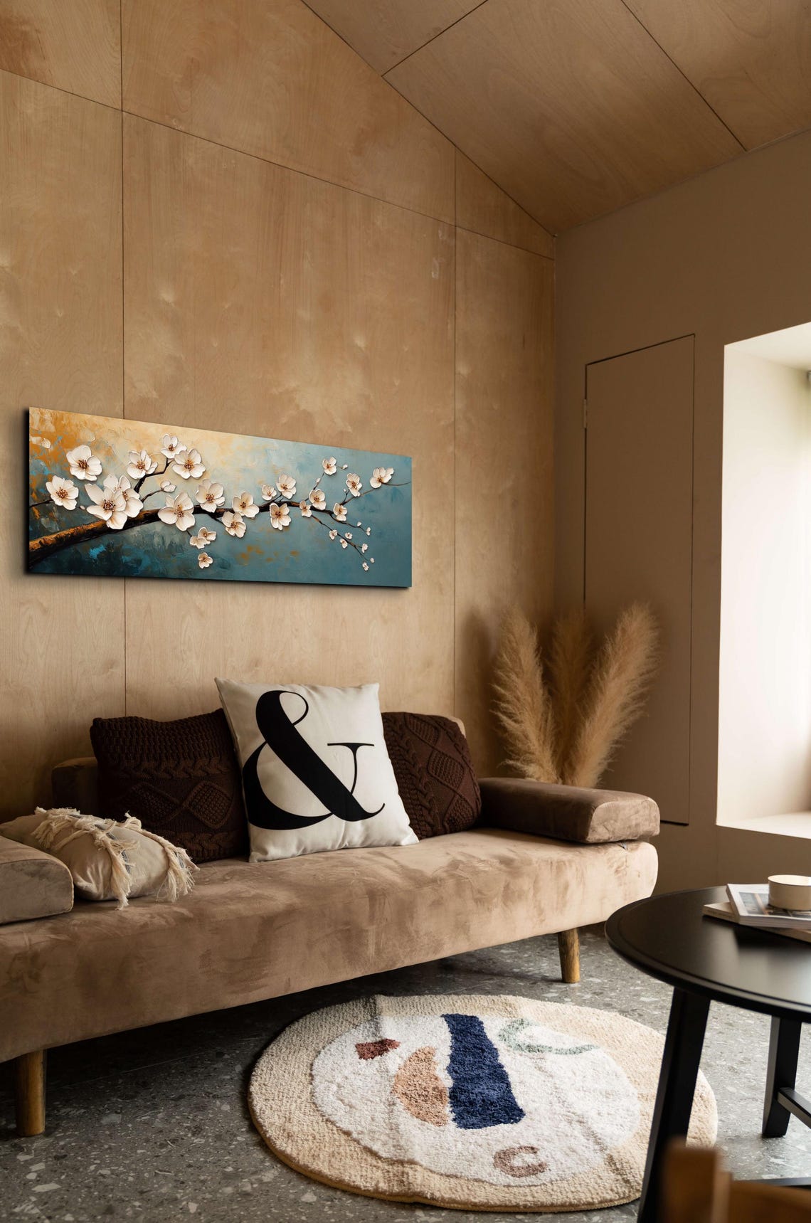 Golden Teal Cherry Blossom Branch Textured Panoramic Art Poster - Image 7