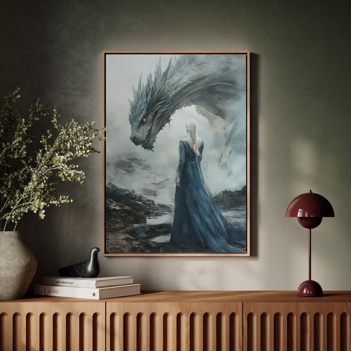 Woman Facing Majestic Dragon in Mist Epic Fantasy Adventure Wall Art Print - Image 4