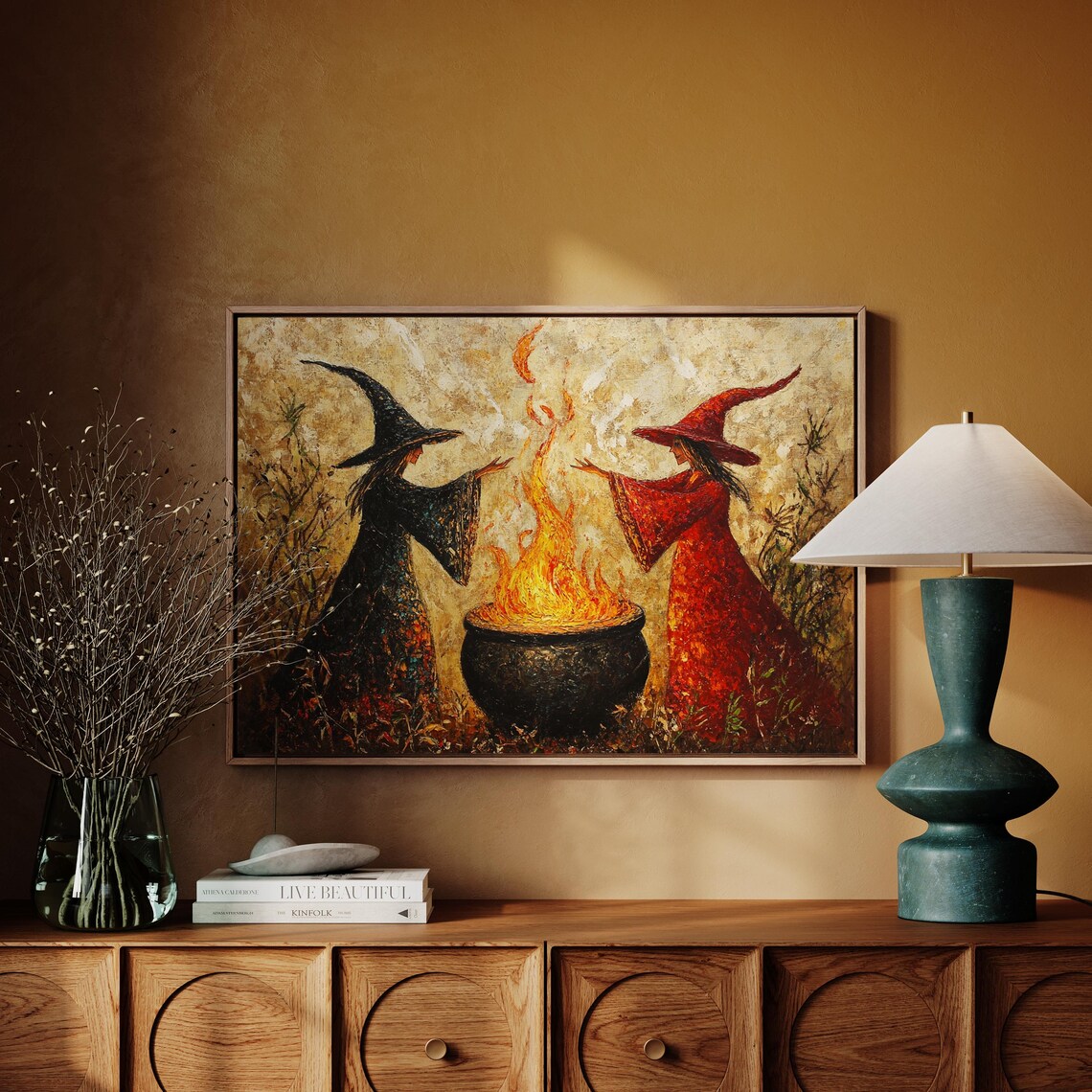 Mystical Witch Sisters Casting Fire Spell, Halloween Art Print - Image 4