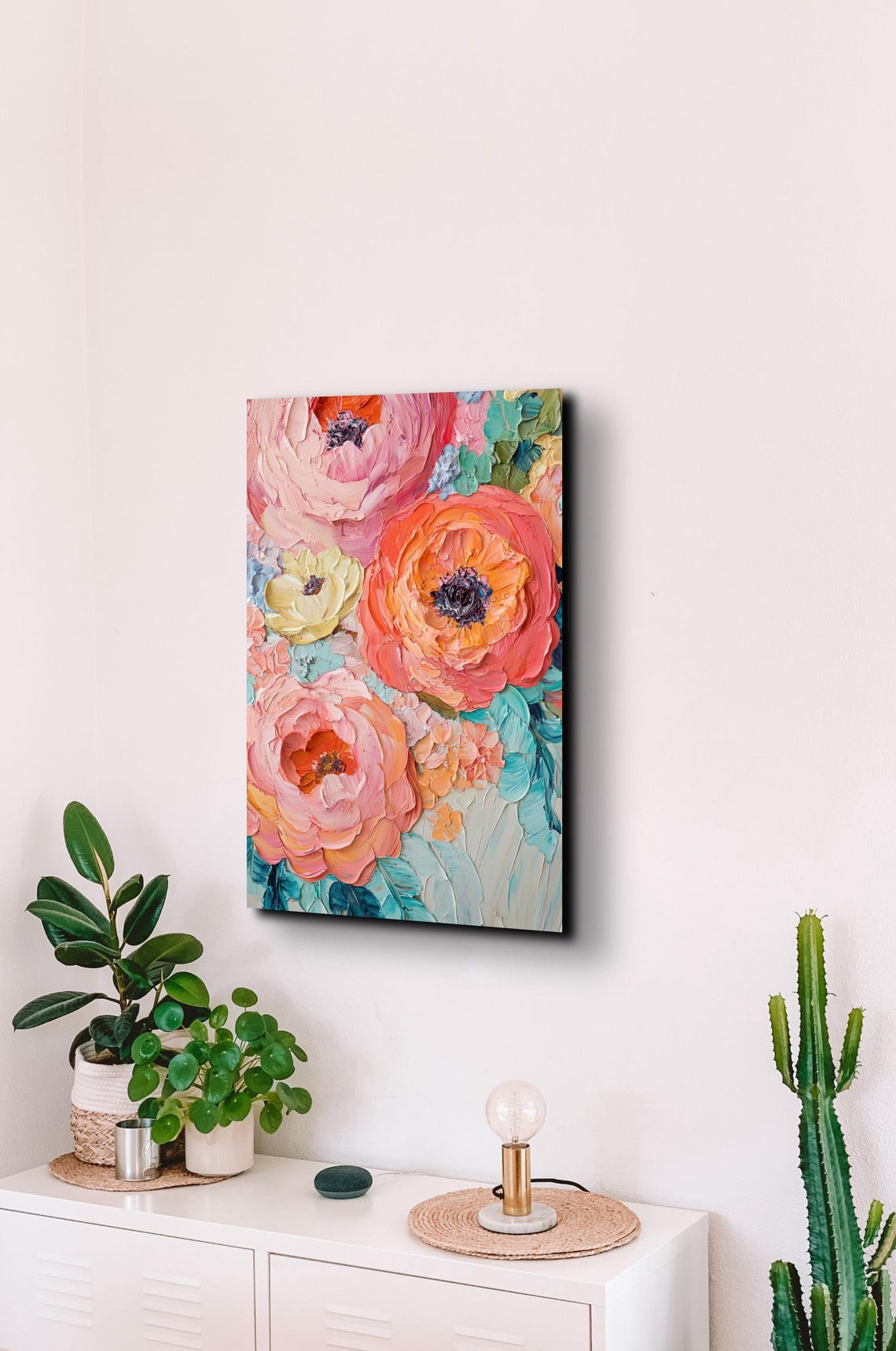 Pink Coral Ranunculus Impasto Palette Knife Floral Oil Art Poster - Image 4