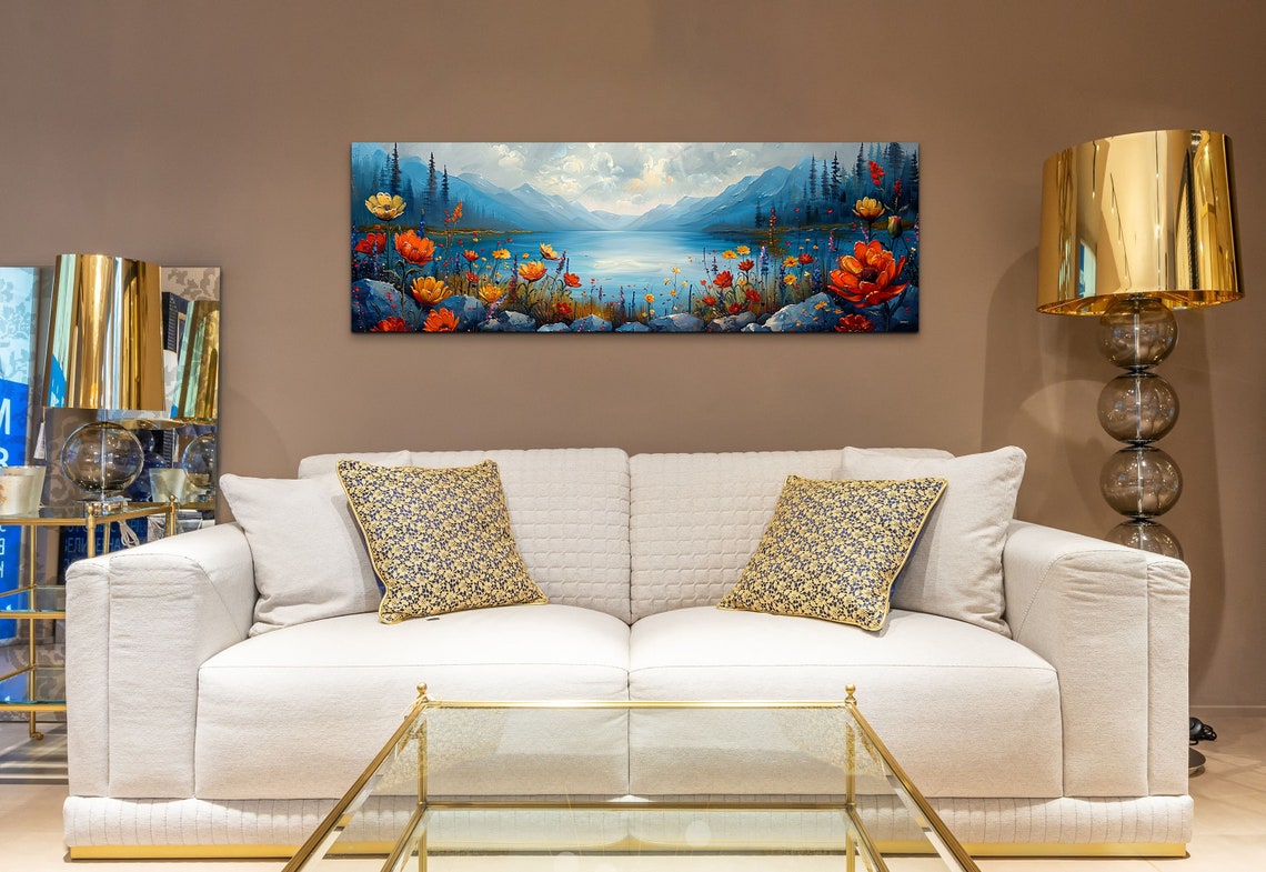 Bold Red Flowers by a Blue Mountain Lake in Acrylic Style Poster - Image 3
