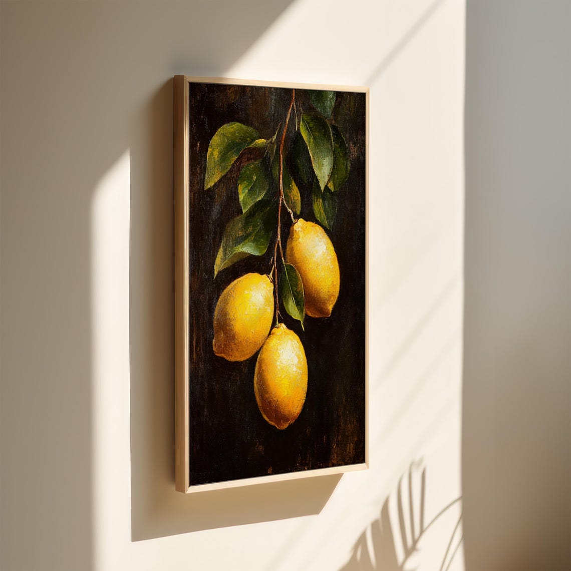 Three Bright Lemons Branch Dark Moody Still Life Oil Painting Poster - Image 3