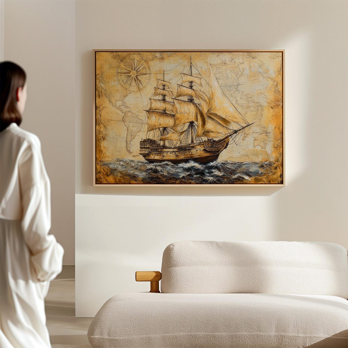 Old Tall Sailing Ship Aged Map Compass Nautical Adventure Poster - Image 2