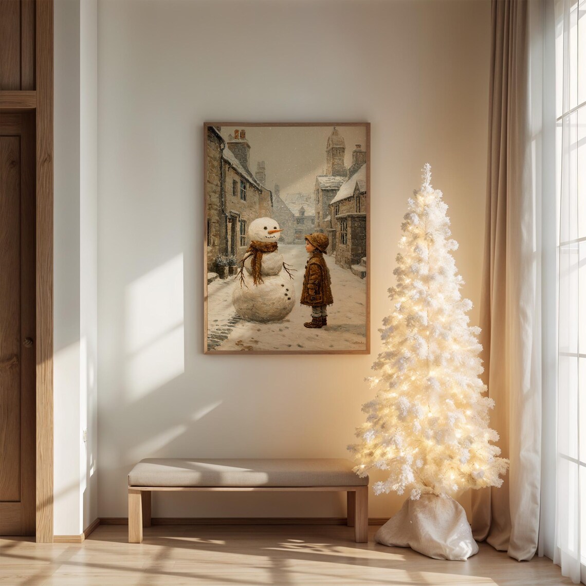Vintage Snowman And Child Winter Street Scene