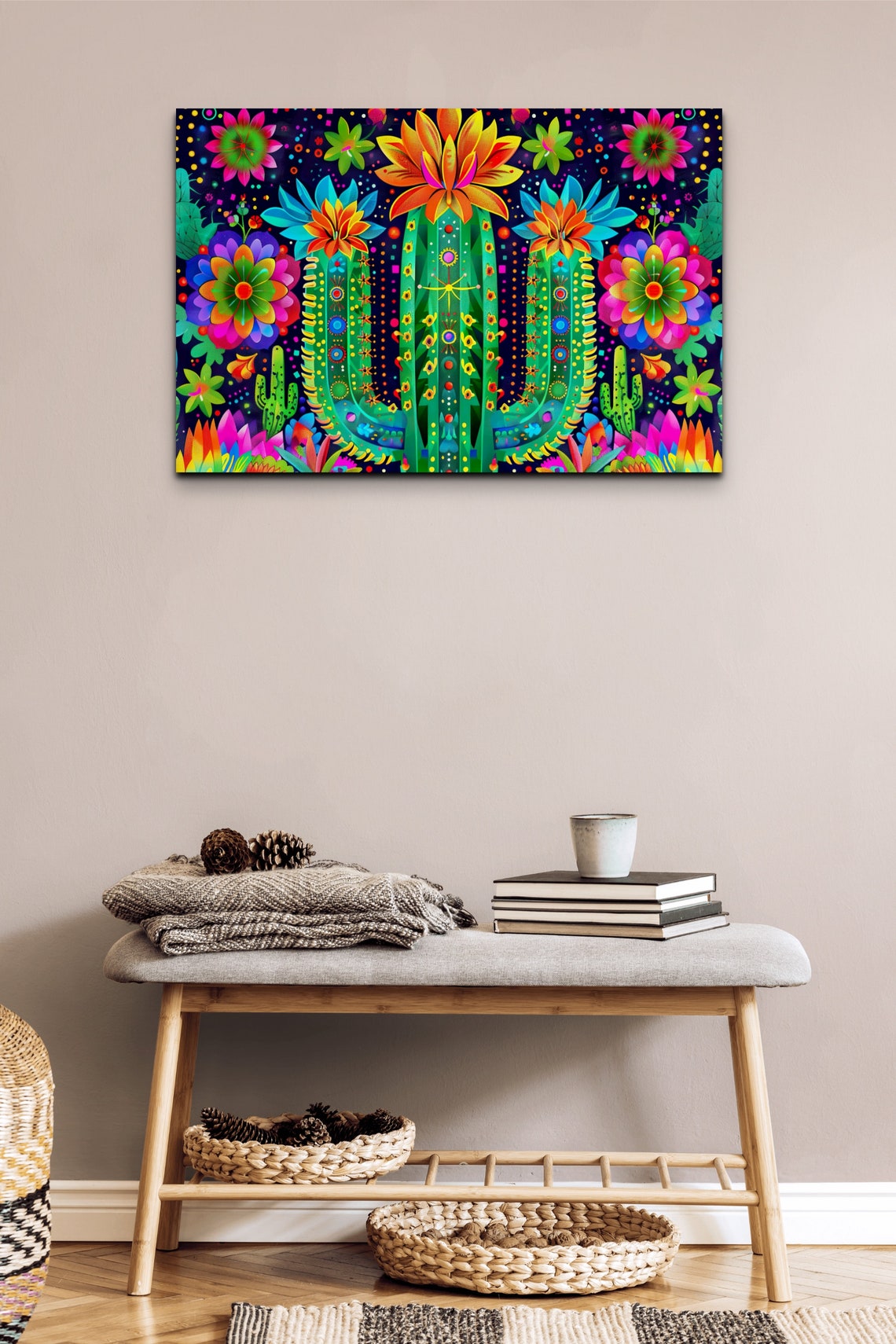 Neon Blooming Cactus Psychedelic Flowers Dark Background Wall Print - Image 4
