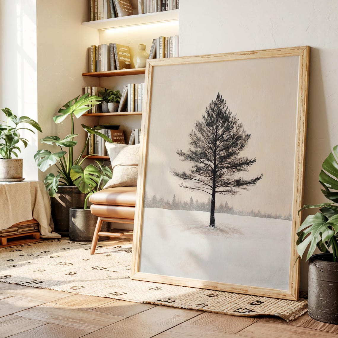 Lone Pine Tree in Snowy Field Minimalist Winter Nature Art Poster