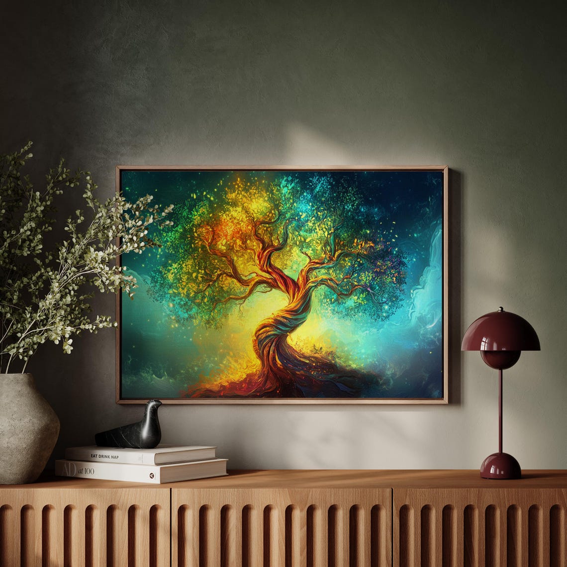 Vibrant Rainbow Tree Night Glow Twisted Trunk Abstract Wall Art Poster - Image 4