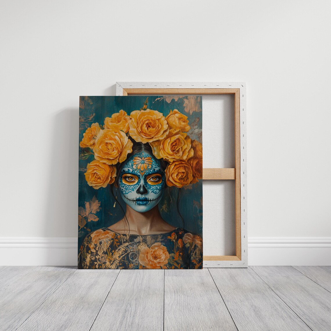 Blue Sugar Skull Golden Rose Crown Day Of Dead Elegant Poster - Image 6