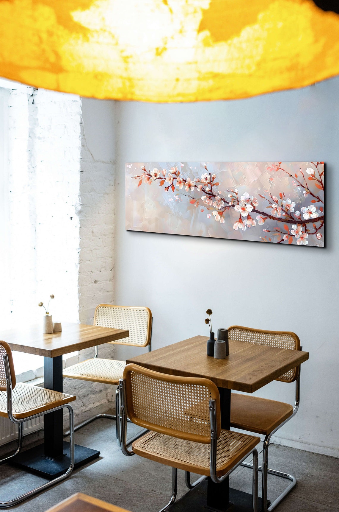White Cherry Blossom Branch Beige Oil Painting Panoramic Art Poster - Image 3
