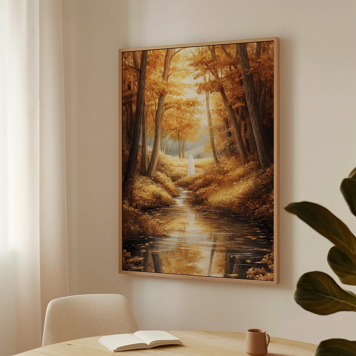 Lone Ghost On Autumn Forest Stream Golden Fall Trees Reflection Poster