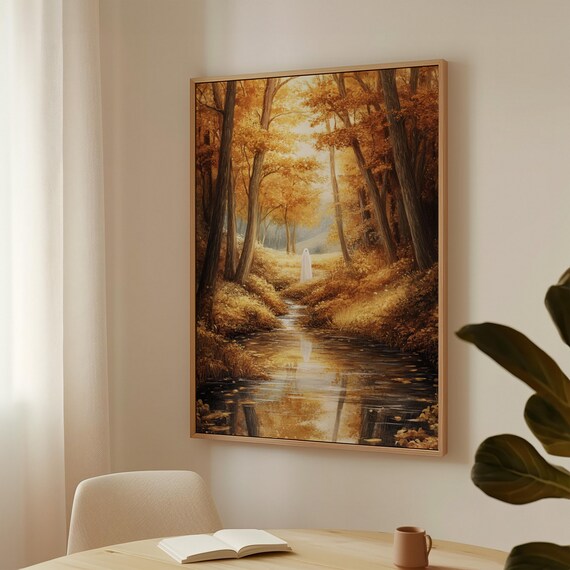 Lone Ghost On Autumn Forest Stream Golden Fall Trees Reflection Poster