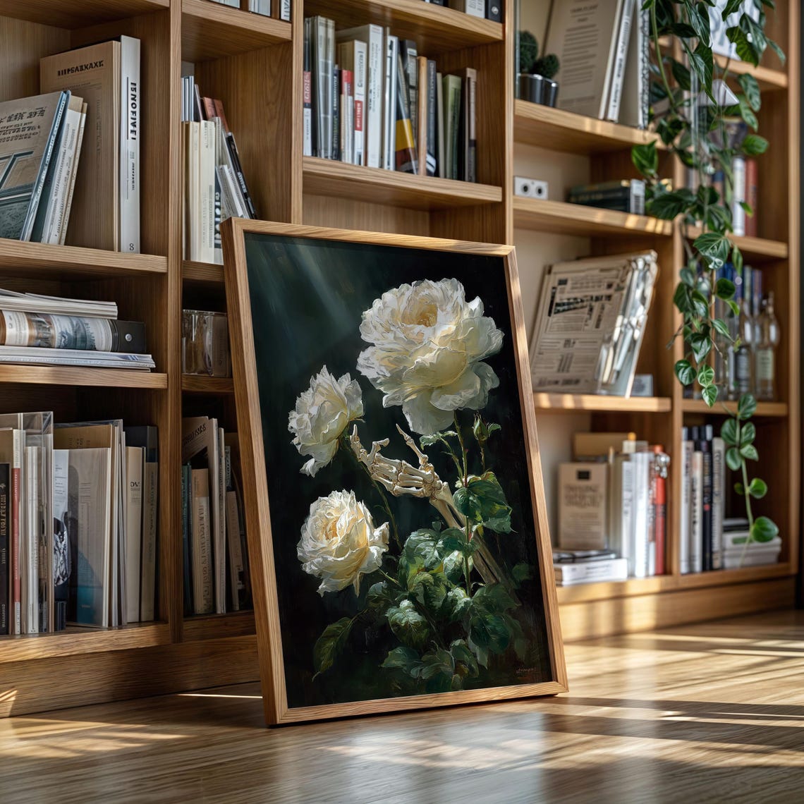 Skeleton Hand Holding White Rose Gothic Dark Floral Painting Poster