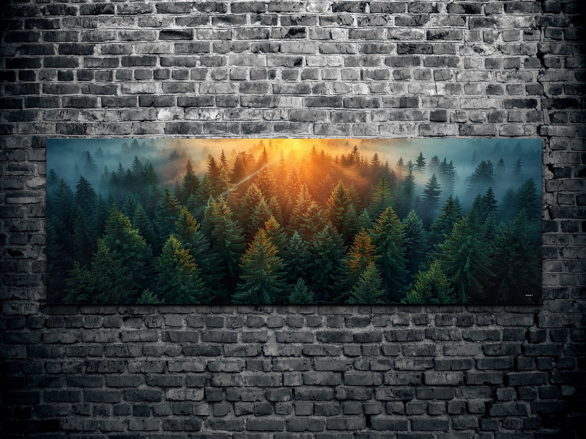 Golden Sunset Glow Over Foggy Pine Forest Landscape Nature Poster - Image 2