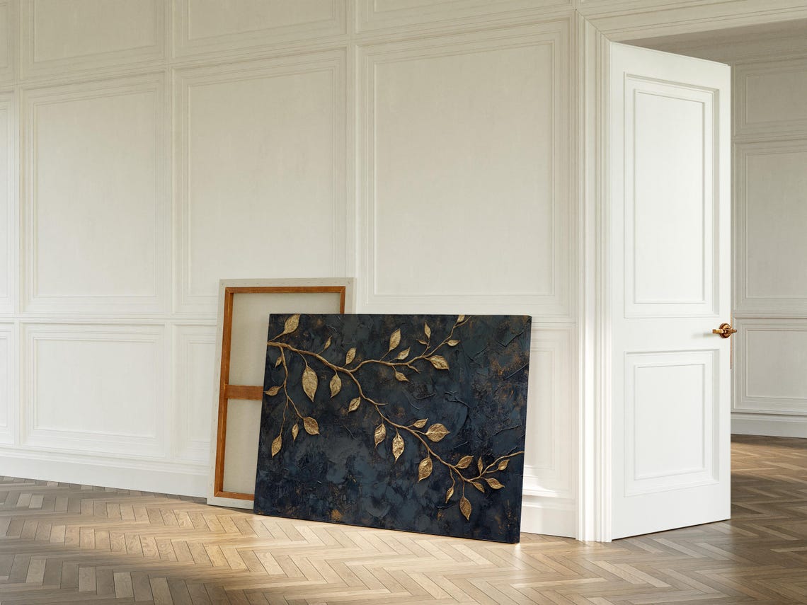 Luxury Gold Leaf Botanical Branch Black Modern Metallic Wall Art - Image 2