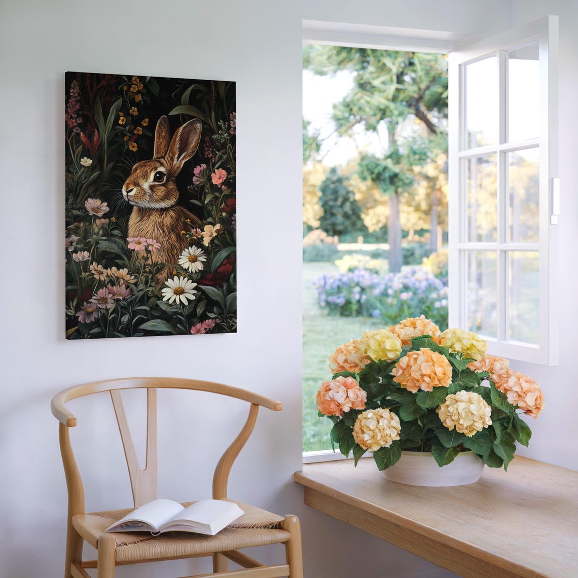 Adorable Brown Rabbit Among Wildflowers Dark Botanical Poster - Image 6