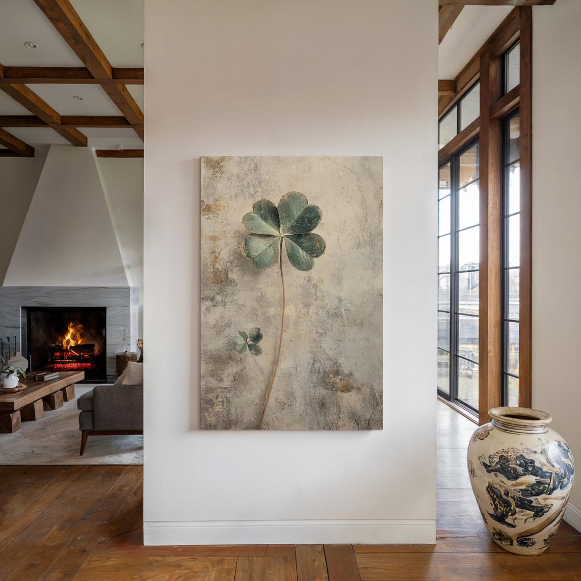 Sage Green Four Leaf Clover Vintage Distressed Beige Wall Art - Image 3