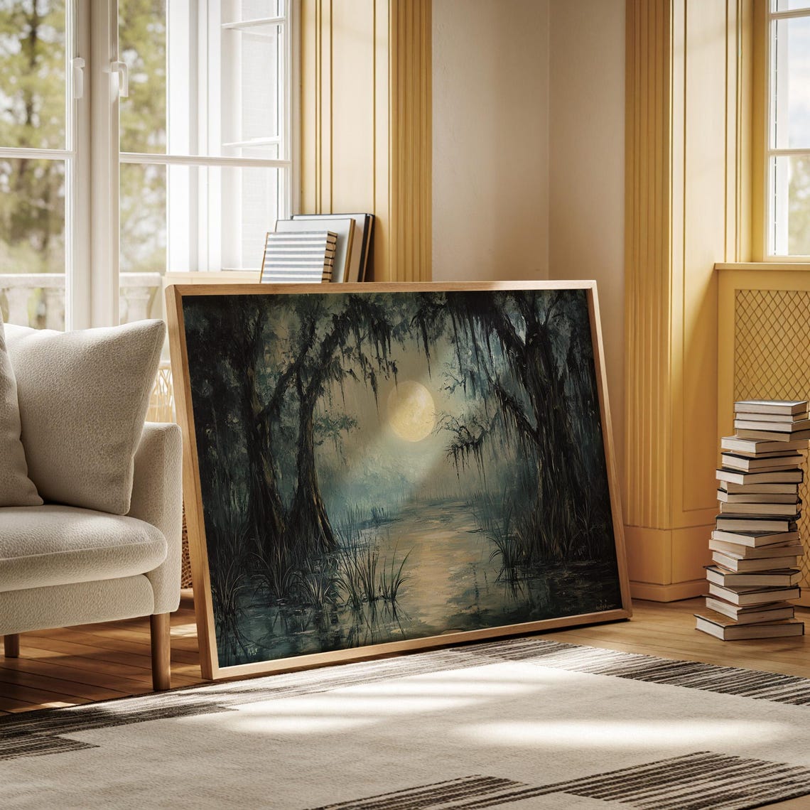 Full Moon Over Misty Cypress Swamp With Spanish Moss Water Poster - Image 6