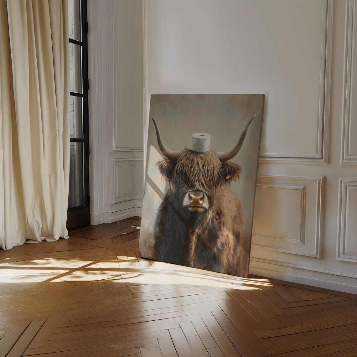 Highland Cow With Toilet Paper On Head Funny Bathroom Poster - Image 3