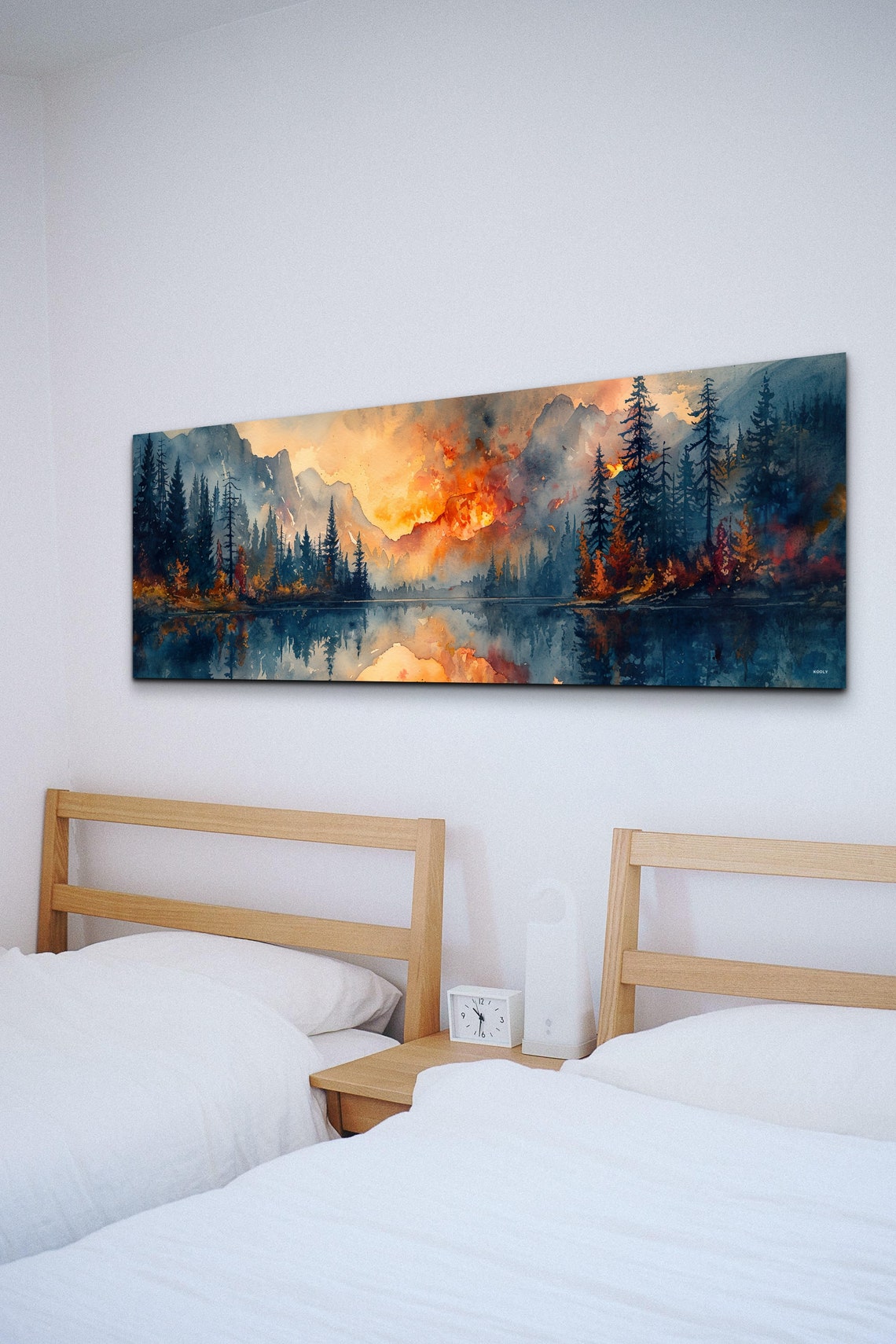 Panoramic Watercolor Lake Pine Forest Fiery Sky Reflection Wall Art - Image 6
