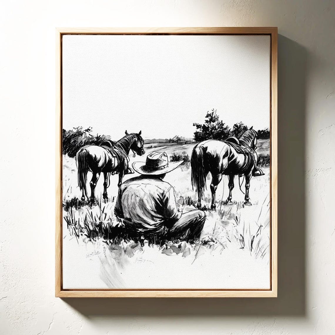 Seated Cowboy with Two Horses in Open Prairie Ink Sketch Poster