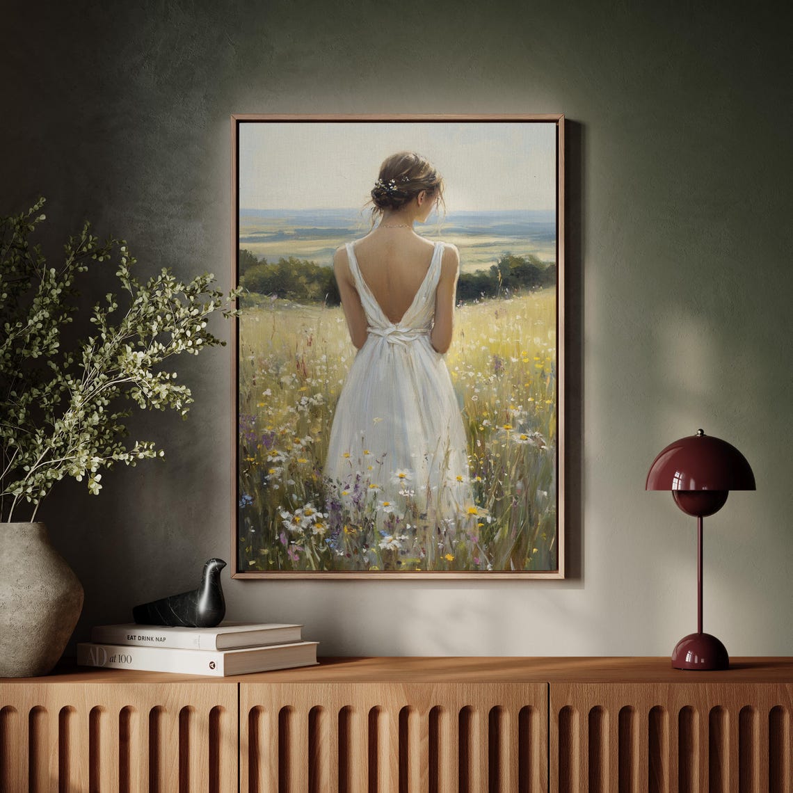 Woman In White Dress Wildflower Meadow Overlooking Valley Poster - Image 5