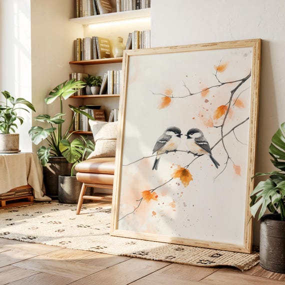 Chickadee Birds Wall Art Watercolor Print Autumn Branch Minimalist Canvas Soft Fall Decor Bird Artwork For Living Room Or Nursery