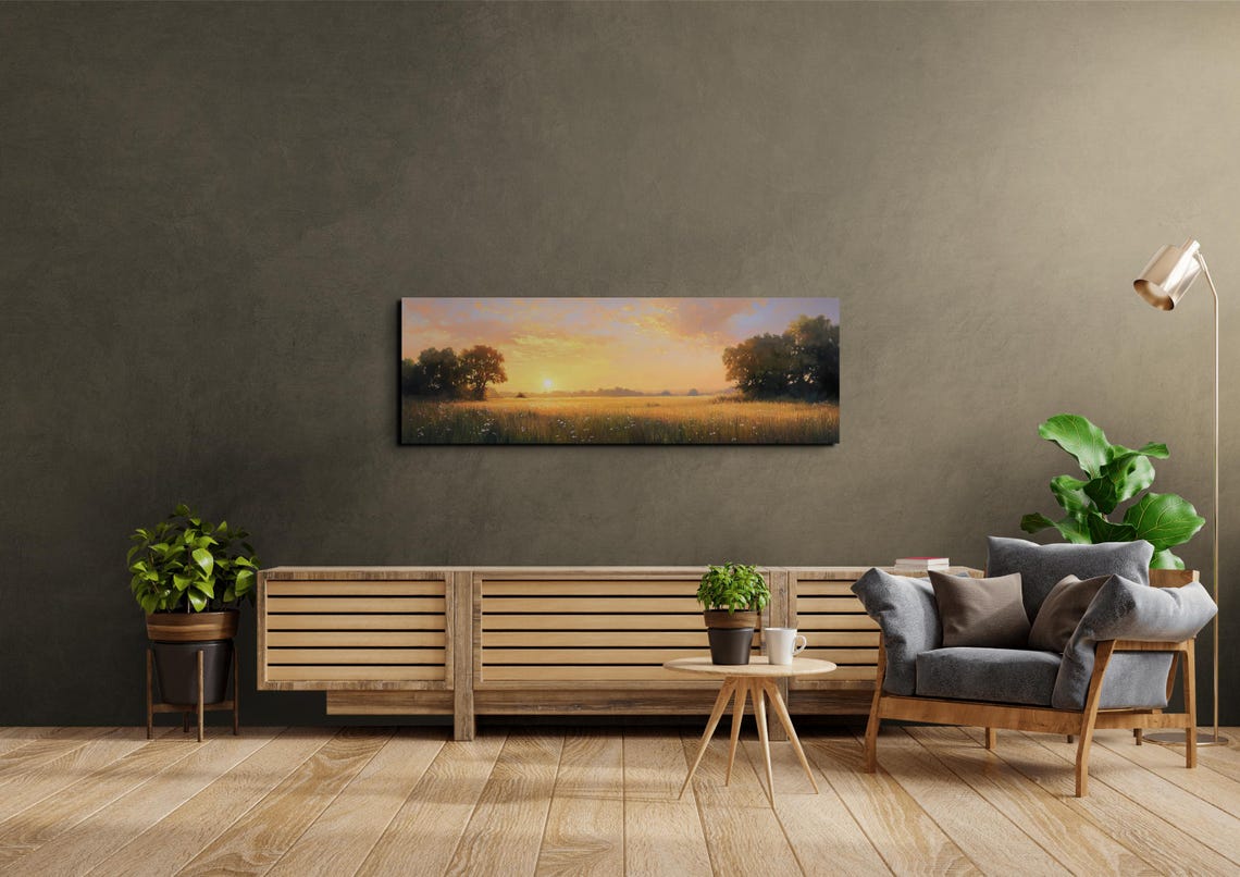 Sun Setting Over Golden Meadow Wildflowers Panoramic Oil Poster - Image 4