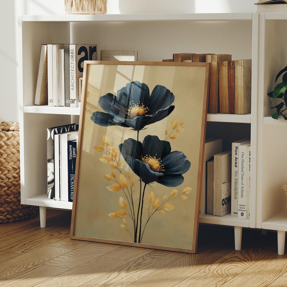 Black Blooms Golden Centers Moody Botanical Elegant Art Poster