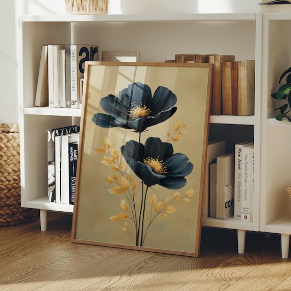 Black Blooms Golden Centers Moody Botanical Elegant Art Poster