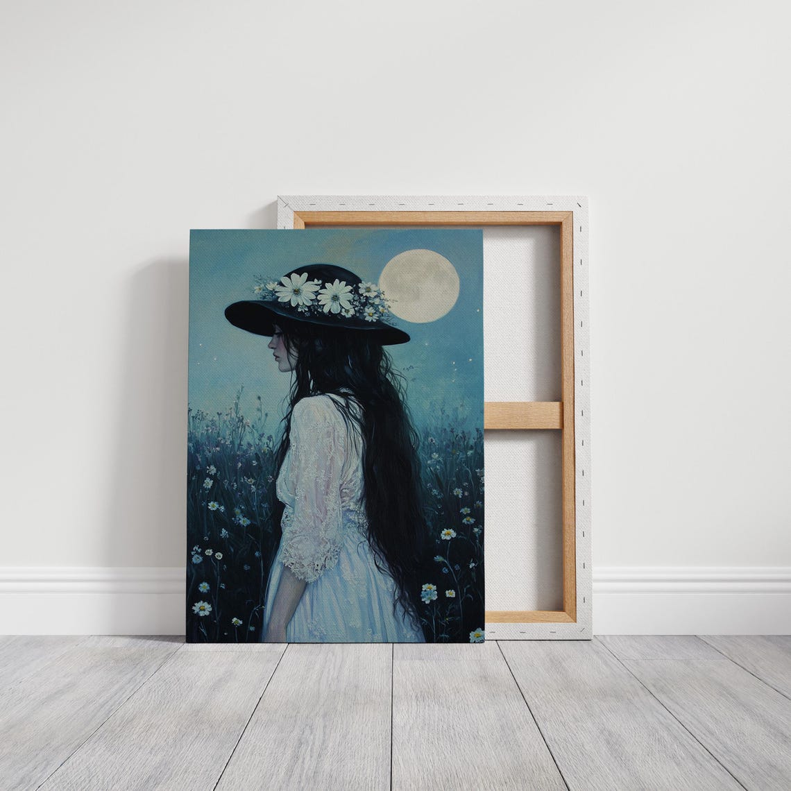 Ethereal Woman In Moonlit Meadow Floral Hat Lace Dress Oil Painting Wall Art Romantic Feminine Portrait With Natures Serenity - Image 3