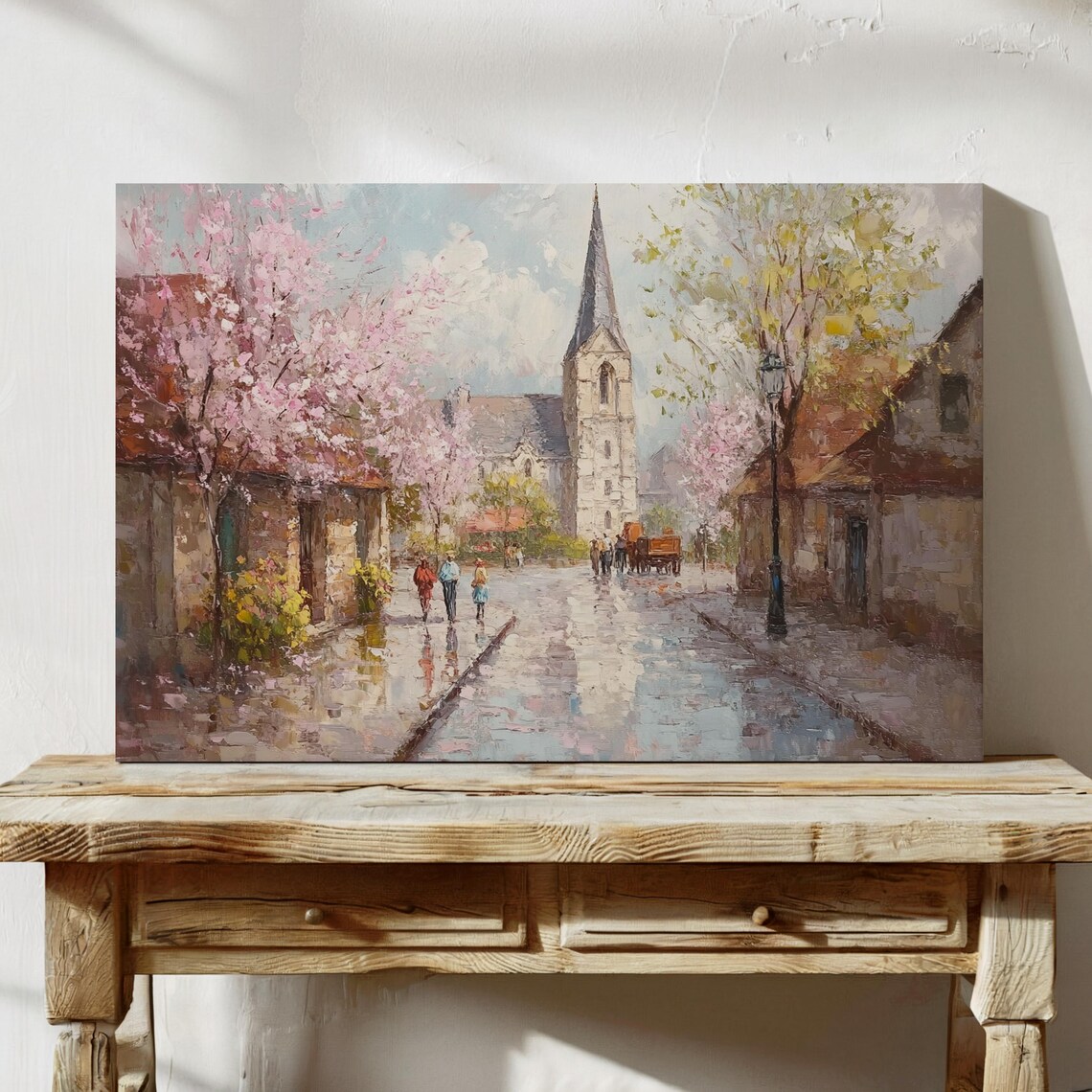 European Church Street With Cherry Blossoms Oil Painting Poster - Image 3