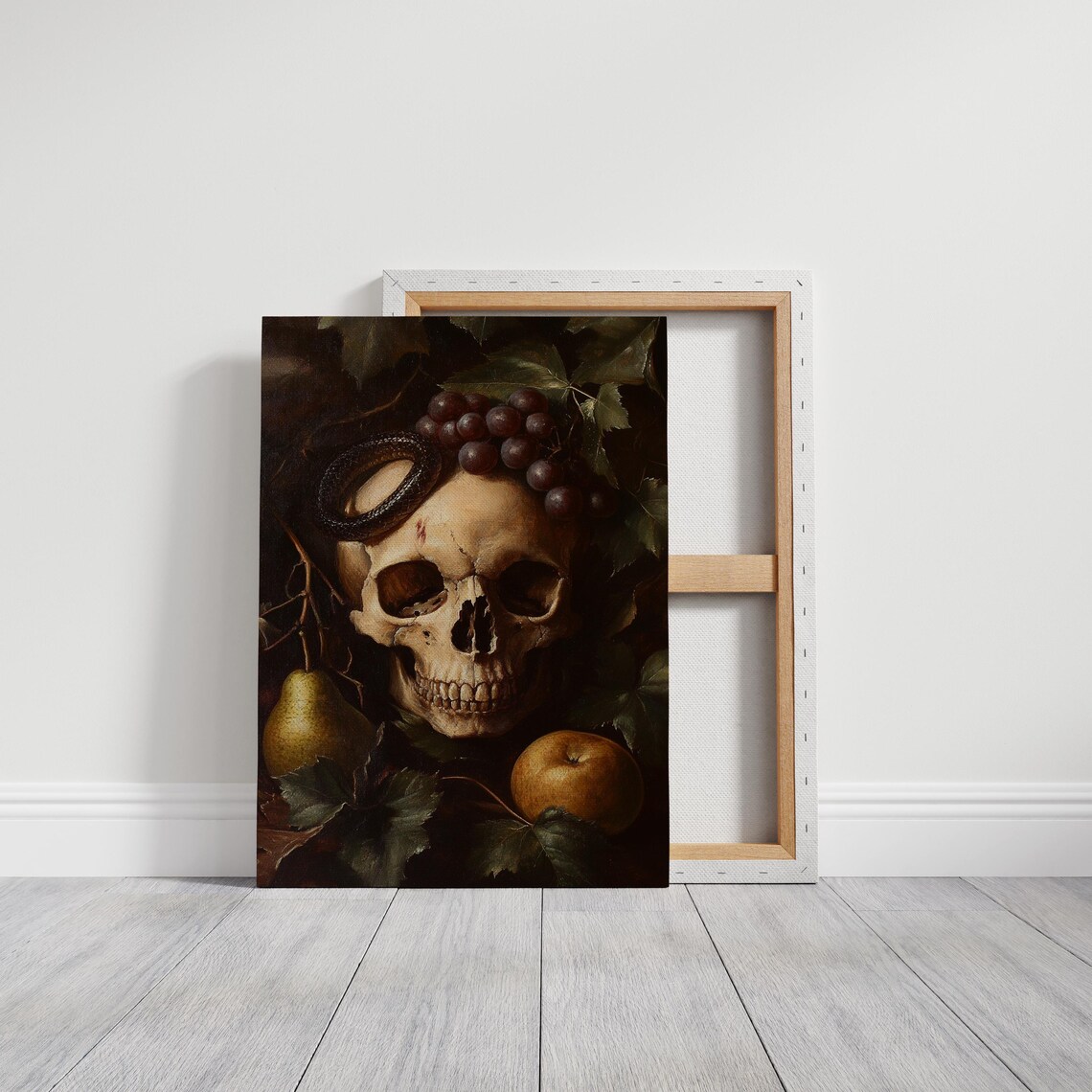 Skull Snake Grapes Pear Apple Dark Gothic Still Life Oil Painting Poster - Image 6