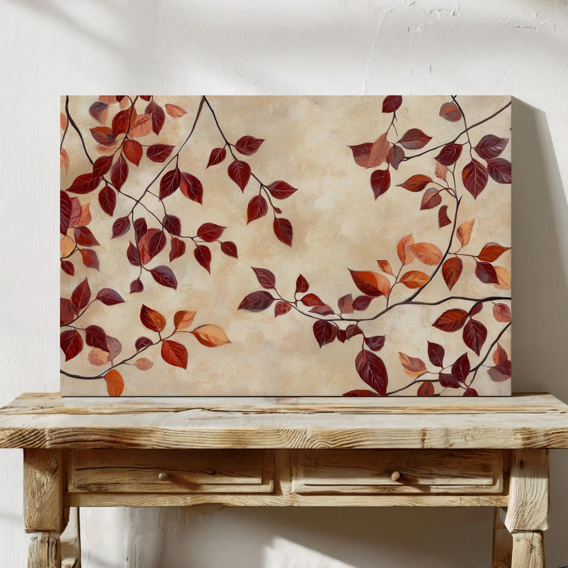 Burgundy And Orange Autumn Leaves On Cream Textured Botanical Poster - Image 7