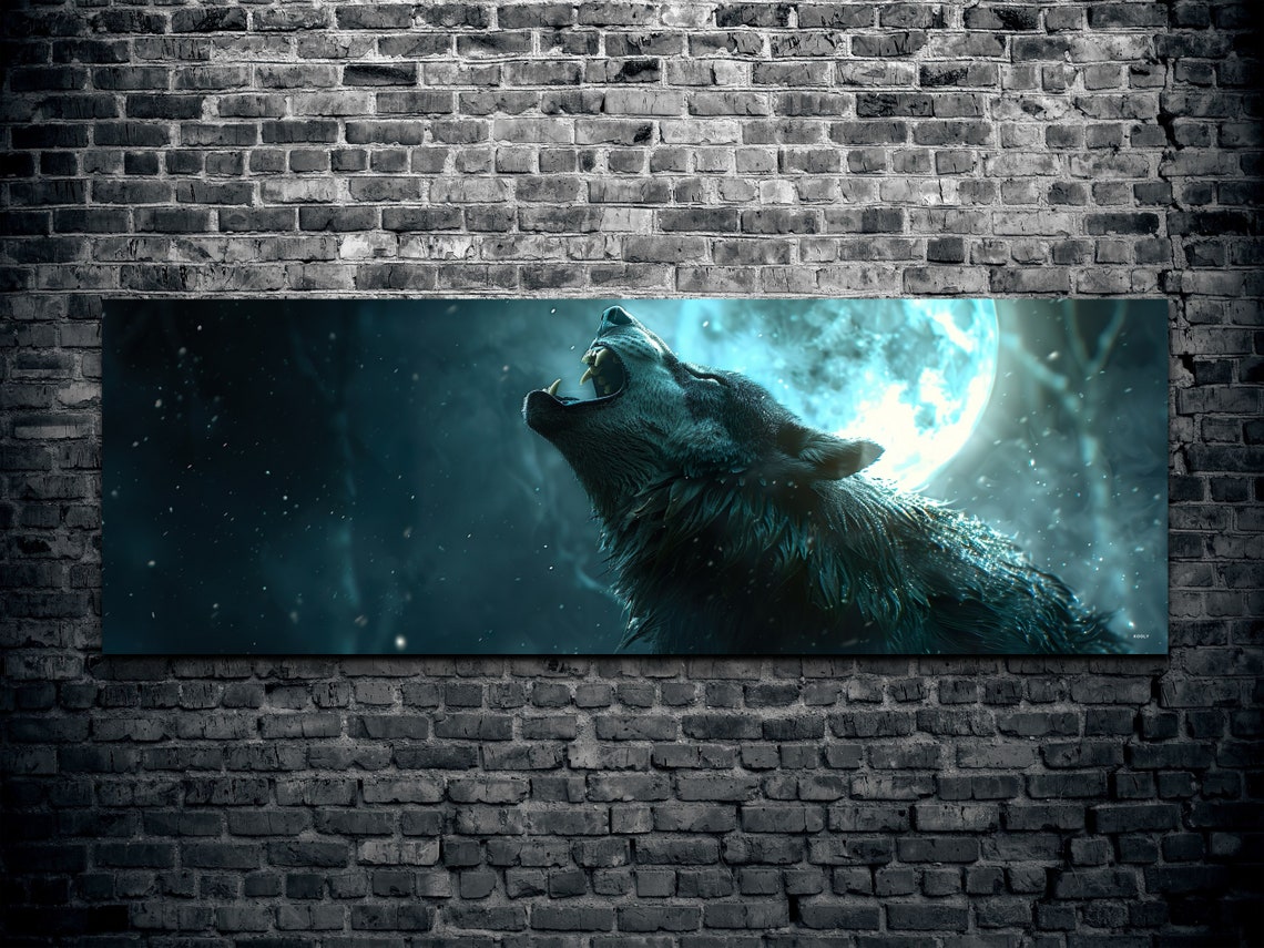 Wolf Howling at Full Moon in Teal Night Wilderness Panorama Wall Art - Image 2