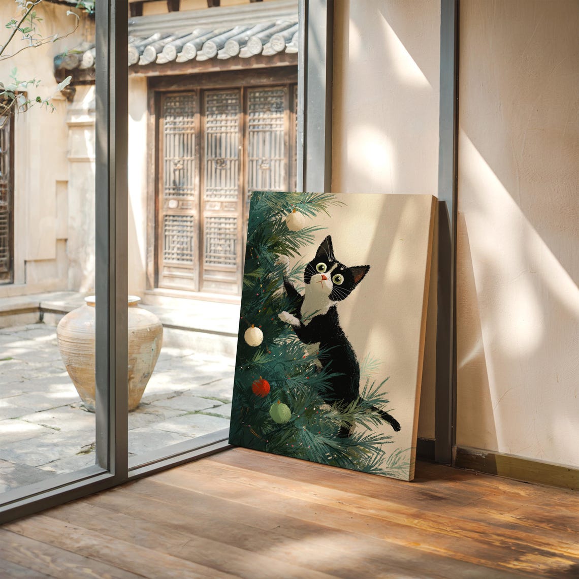 Black and White Tuxedo Cat Climbing a Decorated Christmas Tree Poster