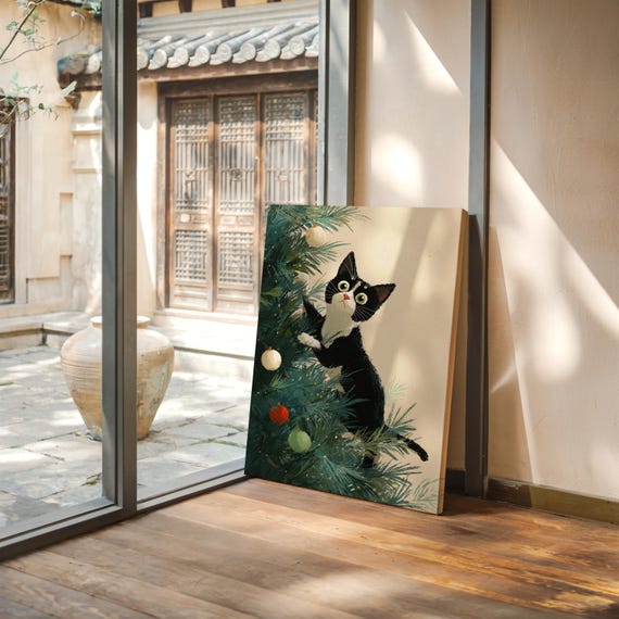Christmas Cat Climbing Tree Illustration