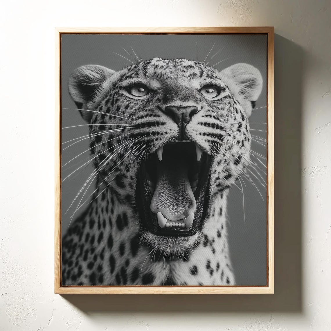 Roaring Leopard Close Up Black and White Wildlife Portrait Poster