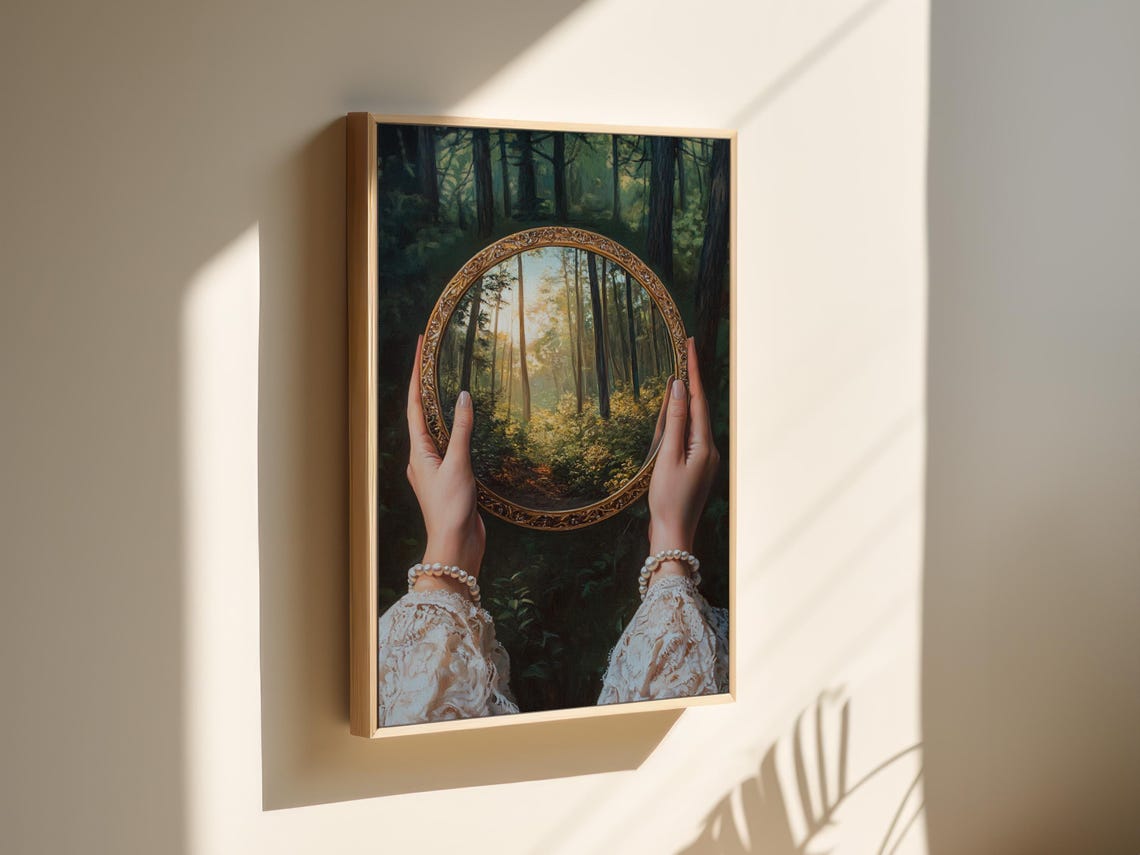 Hands Holding Antique Gold Mirror With Sunlit Forest View Poster - Image 6