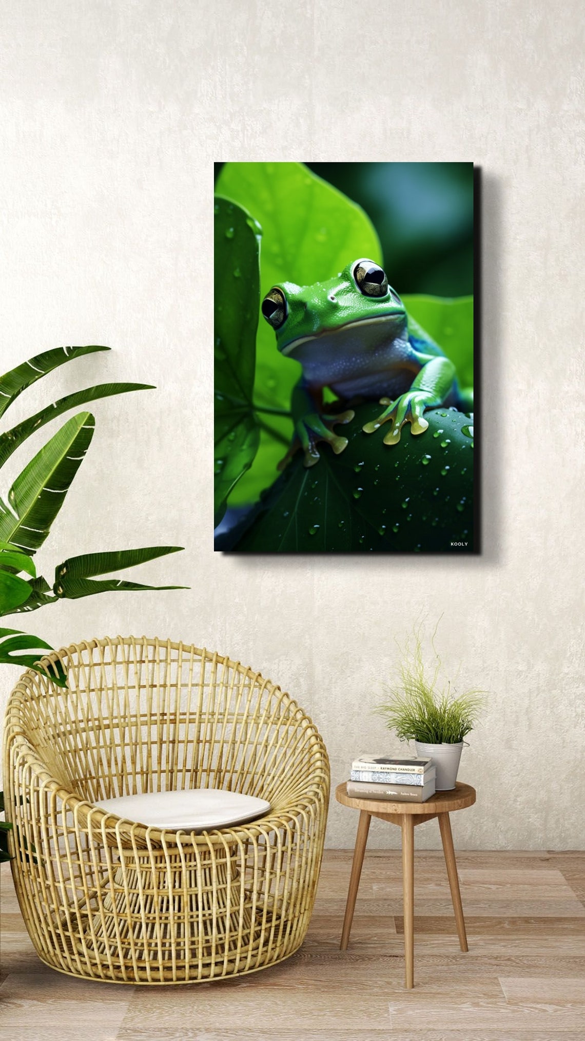 Bright Green Tree Frog Resting On A Dewy Leaf Macro Photo Poster - Image 5