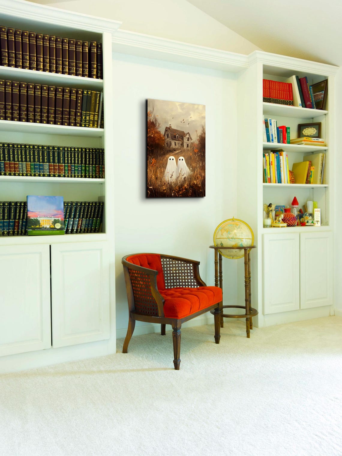 Two Ghost Friends Old House Golden Field Halloween Art Poster - Image 3