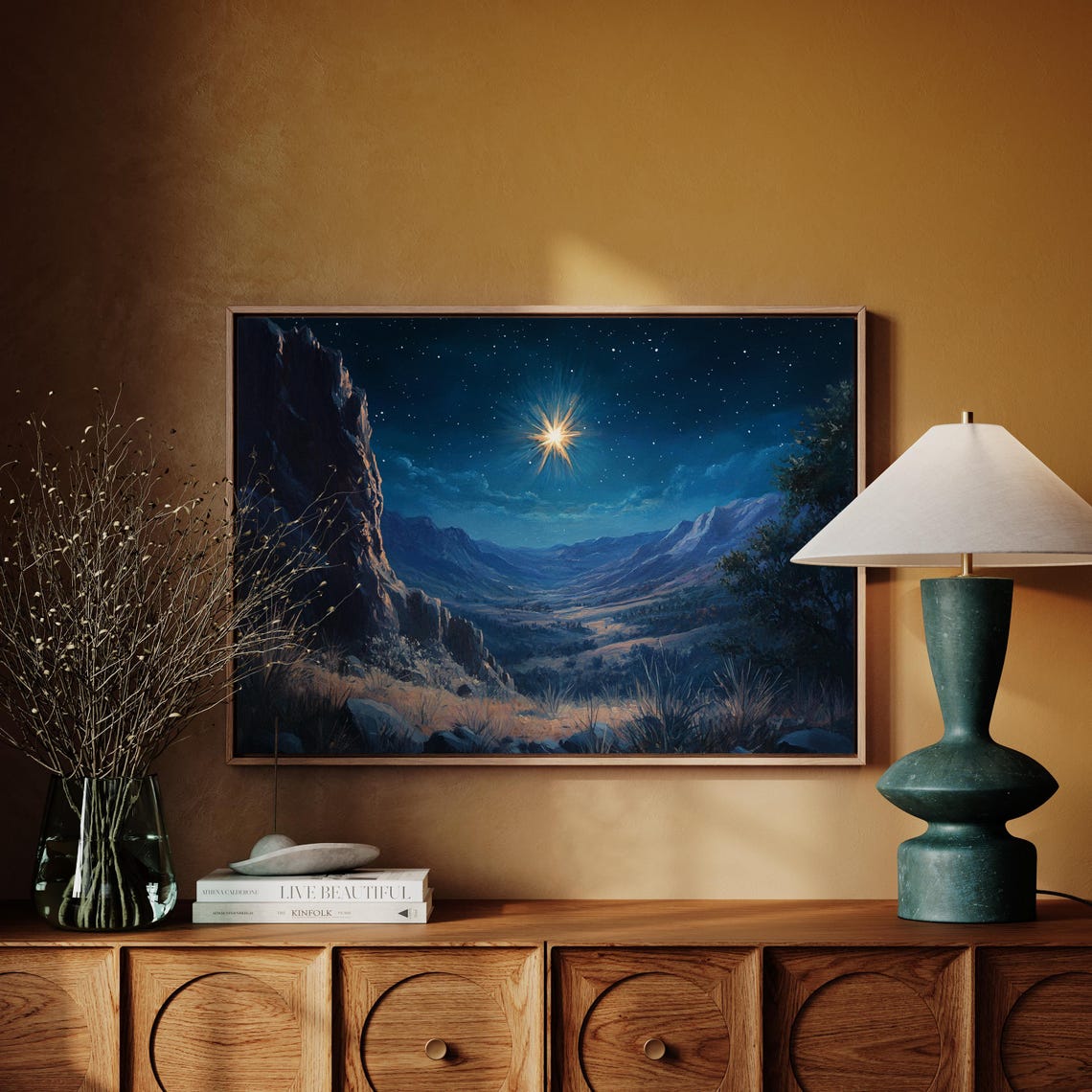 Star Of Bethlehem Over Moonlit Mountain Valley Christmas Wall Art - Image 4