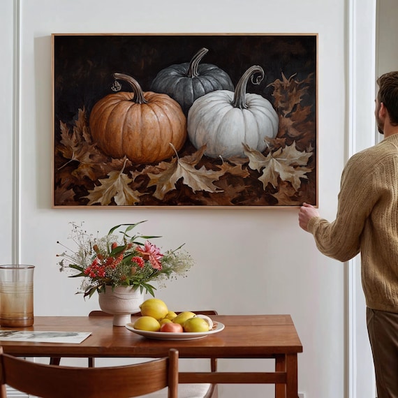 Rustic Pumpkins Autumn Leaves Orange Grey White Harvest Fall Poster Art